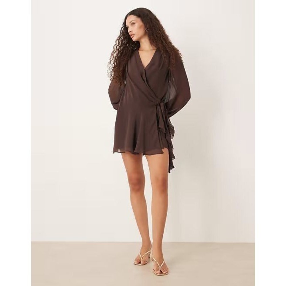 Abercrombie & Fitch long sleeve plunge neck wrap front mini‎ dress brown XSP NEW